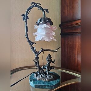 Art Nouveau Brass and Marble Lamp Angel On Swing